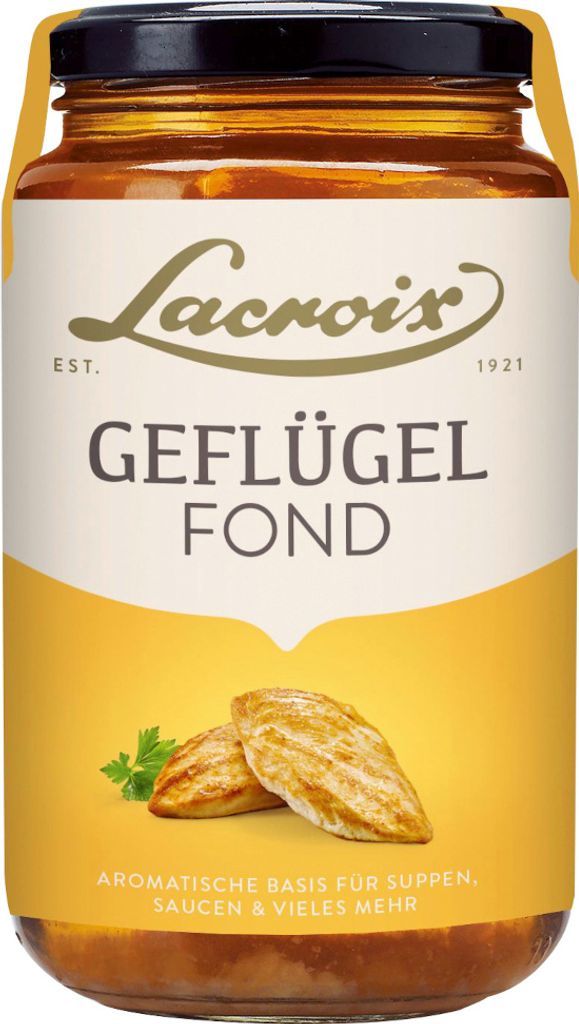 A jar of Lacroix Geflügel Fond with chicken breast illustration.
