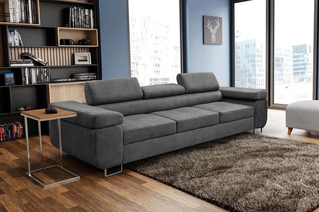 MargaretHadas24 Couch Marlene mit verstellbaren Kopfstützen 274 x 97 cm, Schlaffunktion Wohnzimmersofa 3 Sitzer Freistehendes Polstersofa Sofa, grau