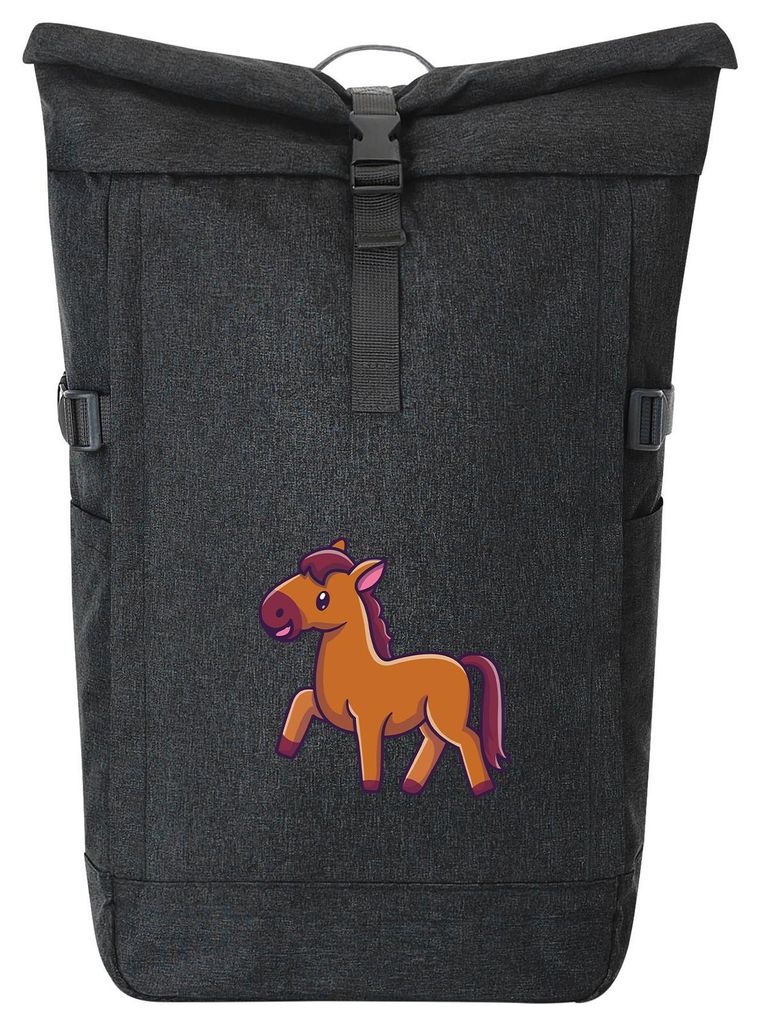 Huuraa Kurierrucksack Pferd Comic 30-44 Liter Black Melange Fairtrade Rolltop Rucksack Geschenkidee