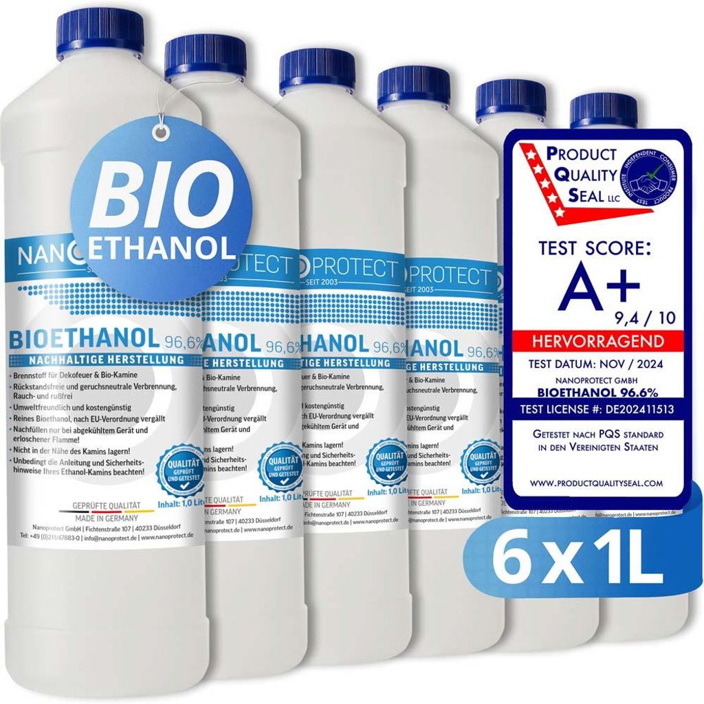 Nanoprotect Bioethanol 96,6% | 6 x 1 Liter | Flüssiger Ethanol Brennstoff für Indoor Kamin und Tischfeuer | Reiner Ethylalkohol als Lösungsmitte...