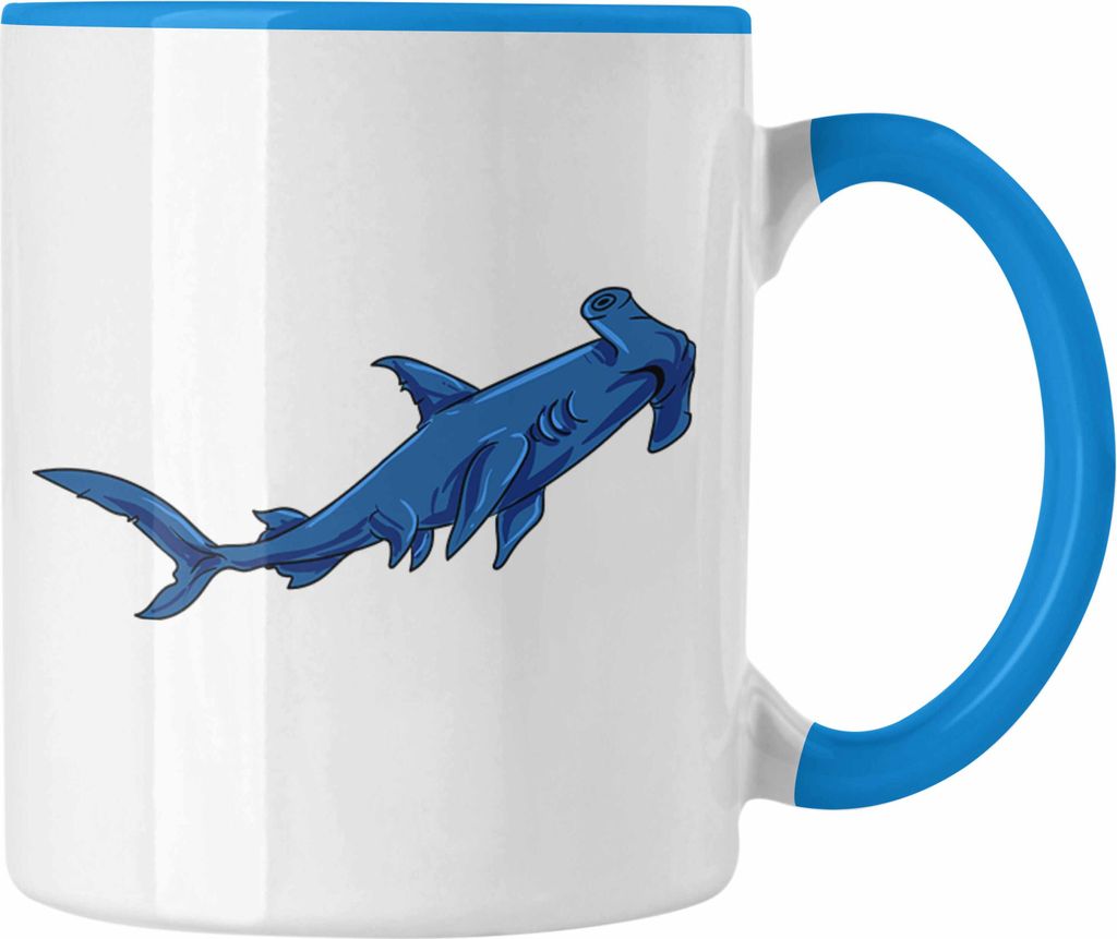 Trendation - Tasse mit Hammerhai und Haifisch Grafik Geschenk für Ozeanliebhaber (Blau)