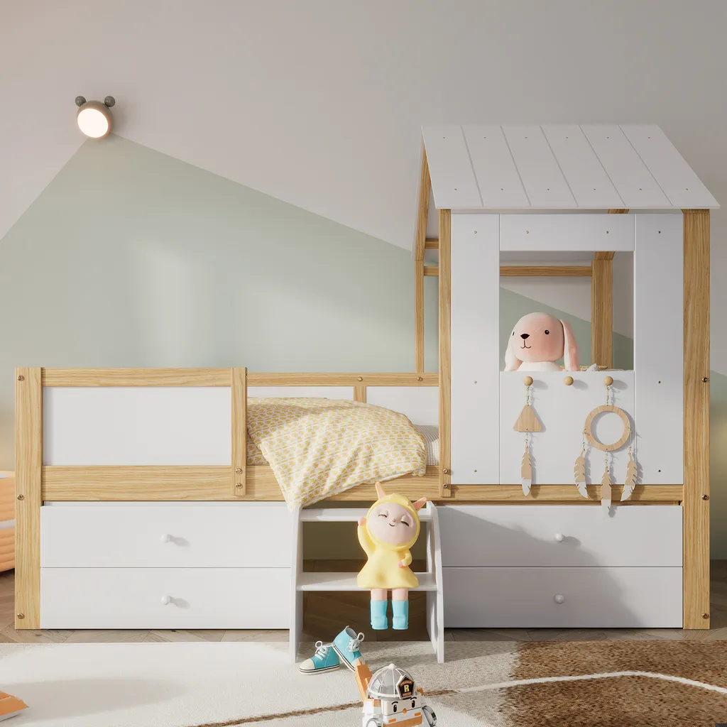 Lit Maison Enfant 90x200cm Surélevé en Pin avec Rangement Intégré Blanc