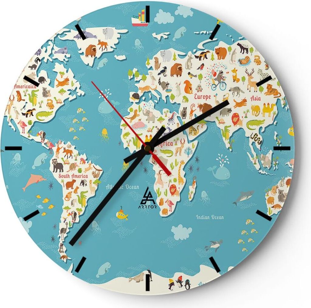 Wanduhr - Rund - Glasuhr - Geographie Globus Grafik Illustration - 30x30cm - Schleichendes Uhrwerk - Lautlos - zum Aufhängen bereit - Dekoration M...