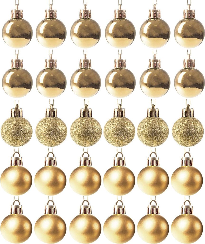 A grid of gold Christmas ornaments on a white background.