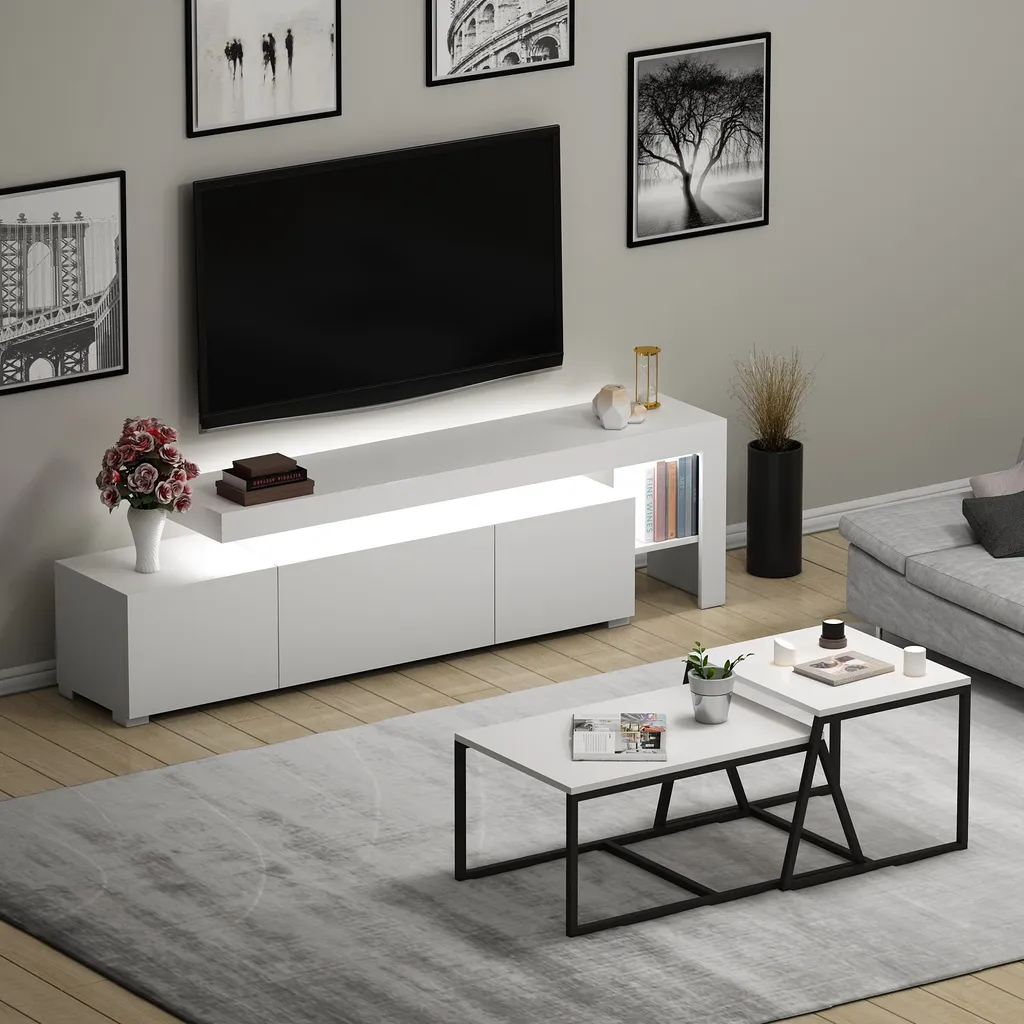 Meuble de salon blanc anti-rayures, grand ensemble Beliz gain de place