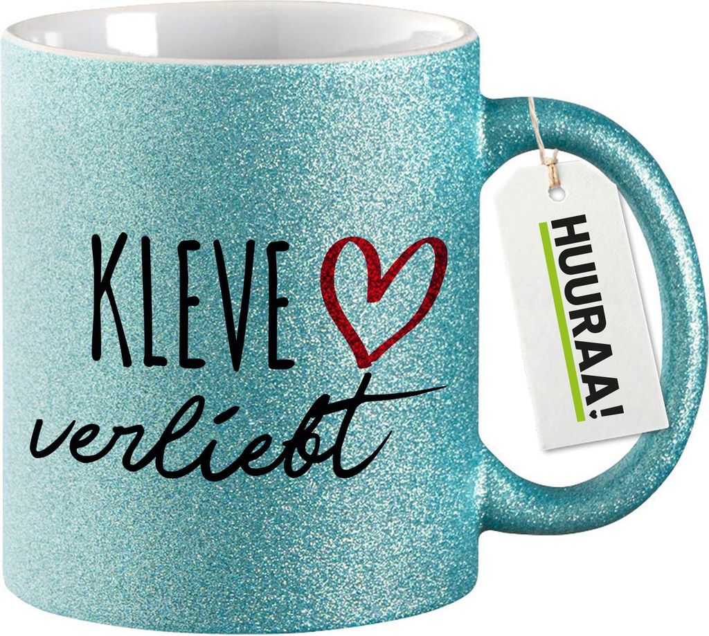 Huuraa Glitzertasse Kleve verliebt 330ml Blau Keramik Kaffeebecher Geschenkidee