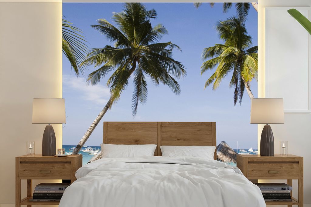 MuchoWow Fototapete für Wohnzimmer oder Schlafzimmer Wandtapete Vinyl Motivtapete Palmen und Liegestühle am Strand von Boracay - 300x300 cm - W...