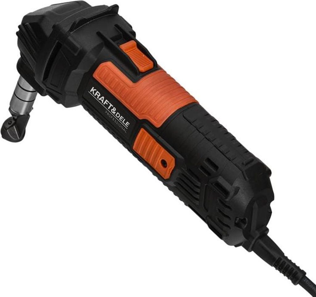 A black and orange electric sheet metal shear is shown against a white background.