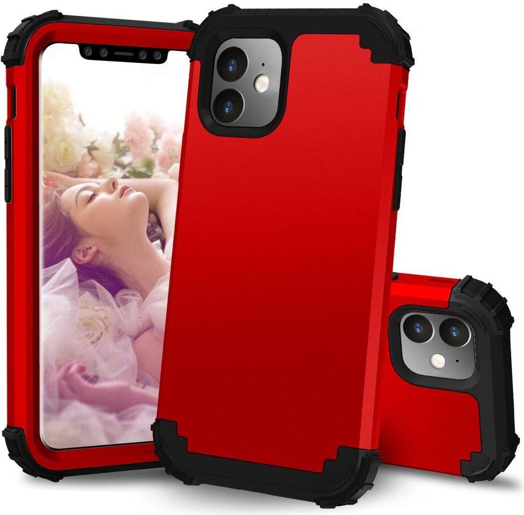 iPhone 11 Hülle, LaimTop Heavy Duty 3 in 1 Hybrid Hart PC Flexibel TPU Silikon Stossfest Kratzfest Tasche Schutzhülle für iPhone 11 Rot