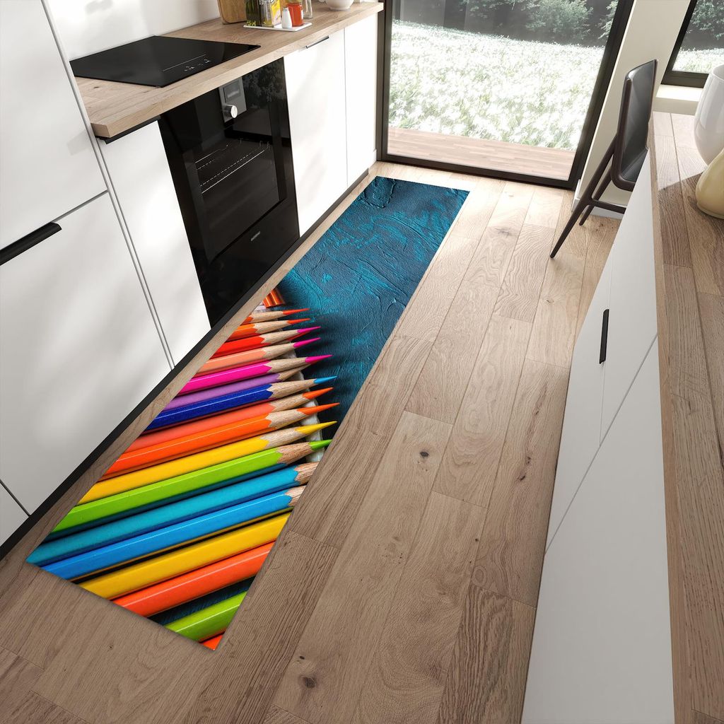 Küchenteppich 60x270cm rutschfest & abwischbar PVC Läufer - Buntstifte auf Holz