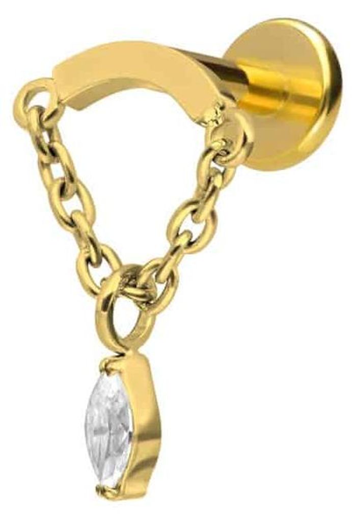 Ohrpiercing, Nasenpiercing Titan Labret mit Innengewinde BOGEN + KETTE + KRISTALLTROPFEN Gold Stablänge: 6mm | Stabstärke: 1,6mm | Discgröße: 1...