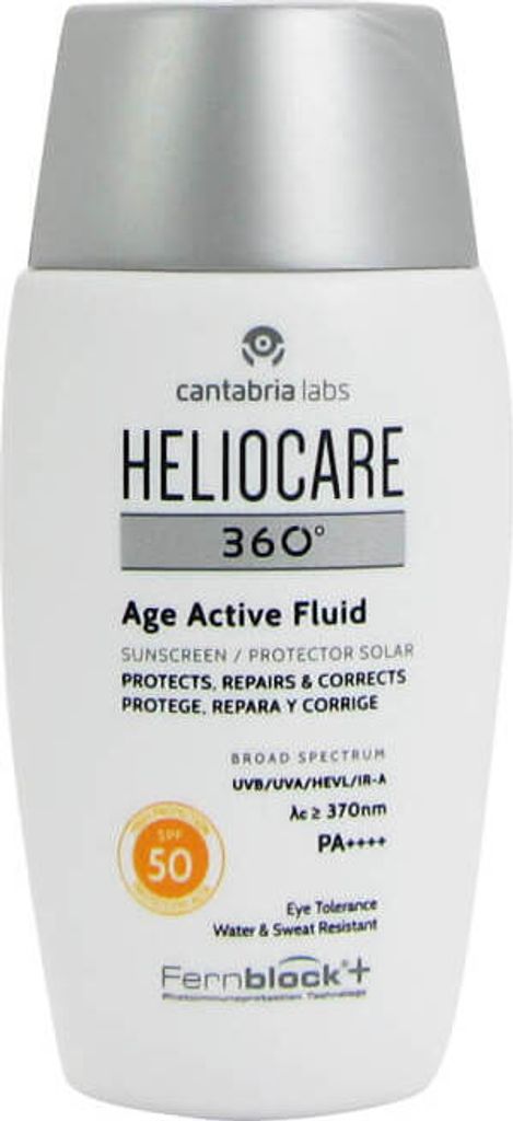 A white bottle of Heliocare 360 Age Active Fluid sunscreen with a silver cap, set against a white background.