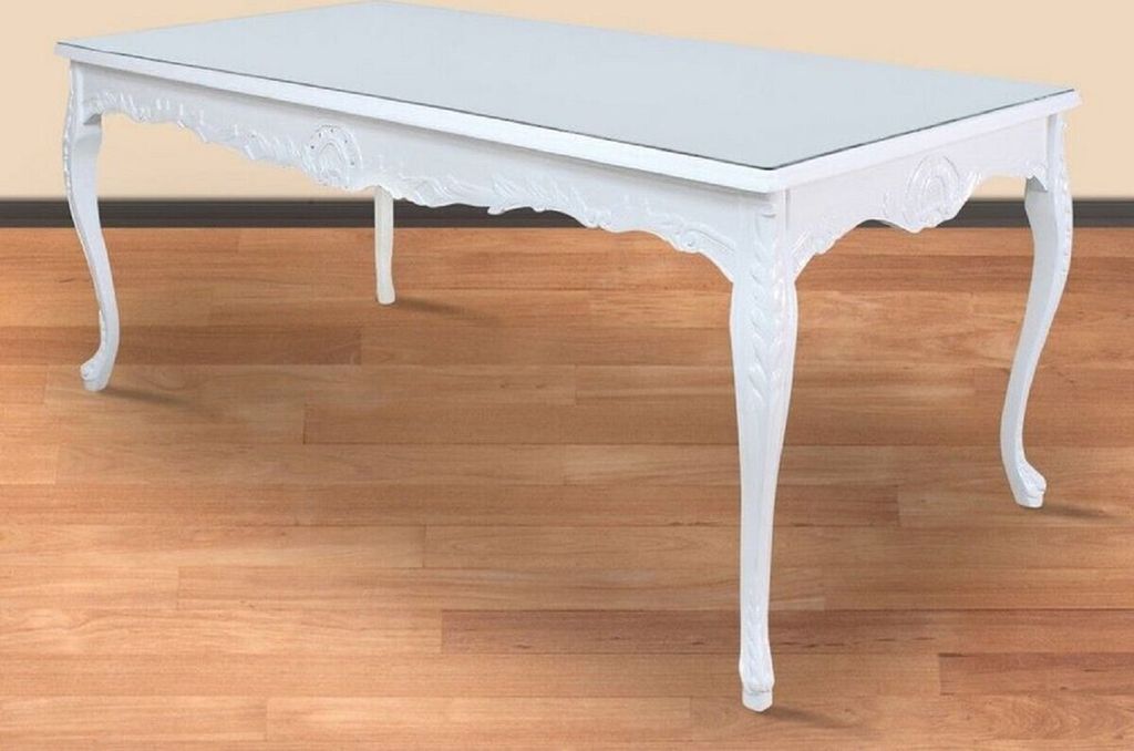 Casa Padrino Barock Esstisch Weiß 200 x 100 x H. 90 cm - Massivholz Küchentisch mit Glasplatte - Barock Esszimmer Möbel
