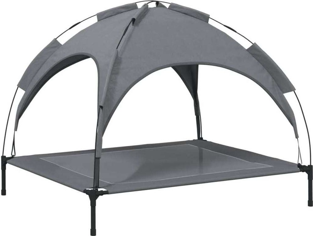 A gray dog bed with a canopy, shown on a white background.