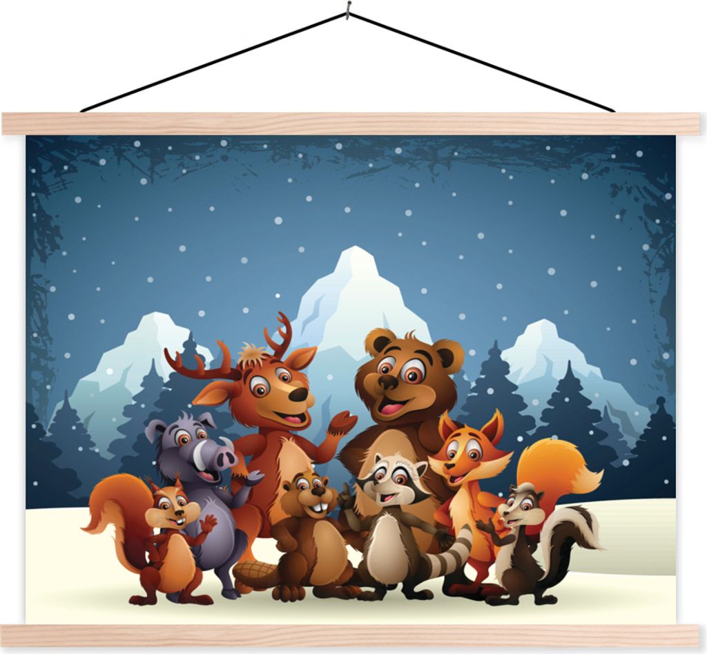 MuchoWow Textilposter Illustration - Schnee - Wildtiere - Mädchen - Jungen - Baby 60x45 cm mit holzfarbenen Rahmen - Bild