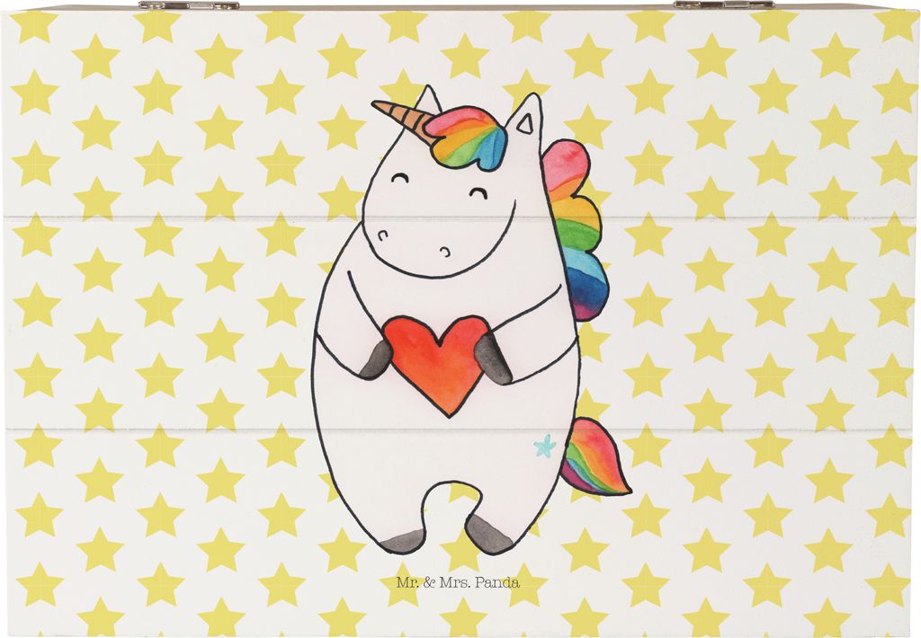 Mr. & Mrs. Panda Truhe Einhorn Herz 22 x 15 cm - Weiß - Geschenk, Holzkiste, Freundin, Kiste mit Deckel, Unicorn, geschenkkiste, Lustig, Bunt, Sch...