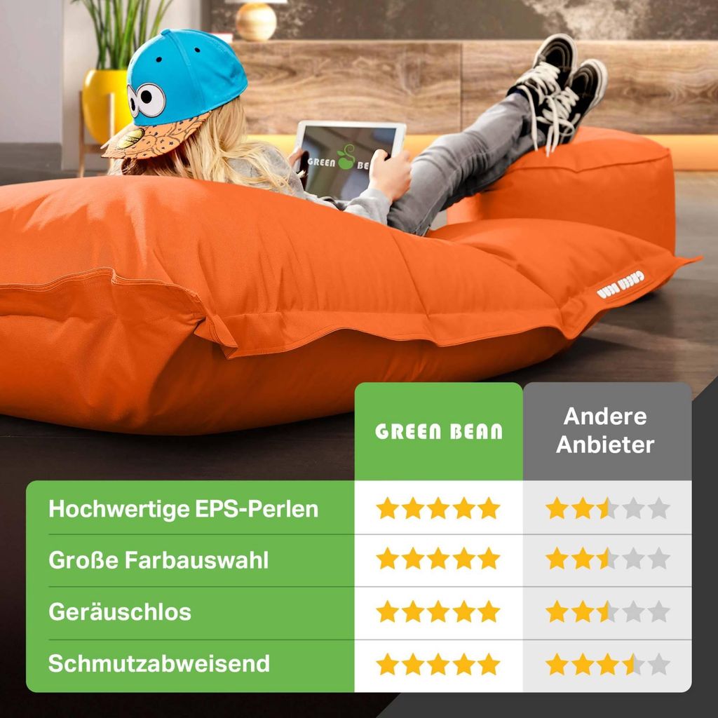Green Bean XXL Riesensitzsack 140x180cm + Hocker 40x40x40cm mit EPS-Perlen Füllung - 2er Set Sitzsack "Square+Stay" Orange