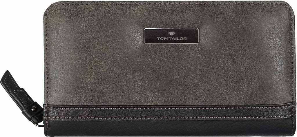 A flat lay of a gray and black wallet.