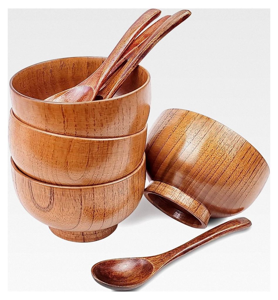 Handgefertigte Holzschalen aus japanischem Jujube-Holz mit passendem Löffel für Reis, Suppe, Dip, Salat, Tee, Deko - 4 Sets (4 Schalen 9,65 cm + ...