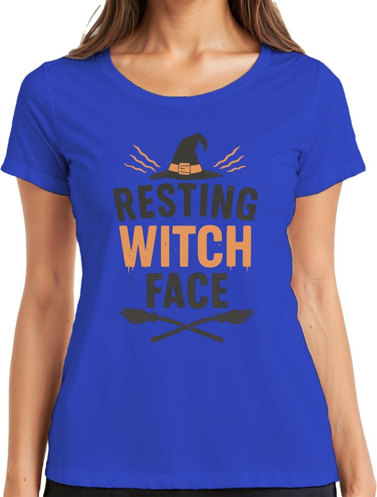 Halloween RESTING WITCH FACE Hexe Hexenhut Geschenk Lustig Spruch Damen T-Shirt, Blau, M