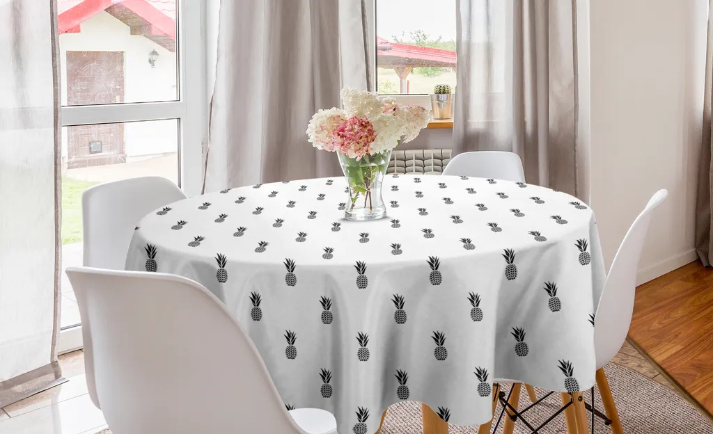 ABAKUHAUS Tovaglia rotonda bianca e nera, Frutta tropicale, Tovaglia circolare per sala da pranzo Decorazione per cucina, 150 cm, Bianco e nero