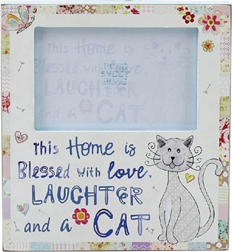 Shabby Chic Fotorahmen für Katzenfreunde "This Home is blessed with Love, Laughter and a Cat"