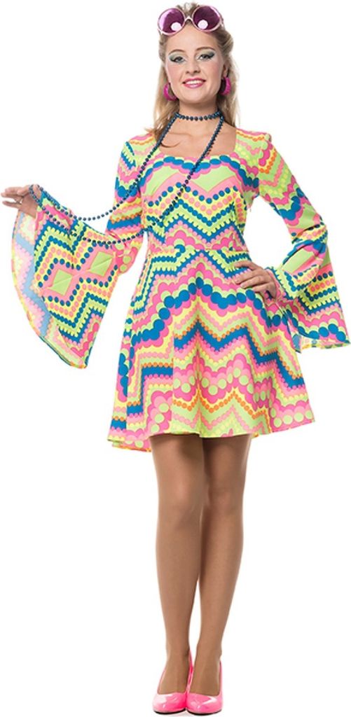 L3201154-46 kügelchen neon-pink dunkel Damen Hippie Kostüm-Kleid Gr.46