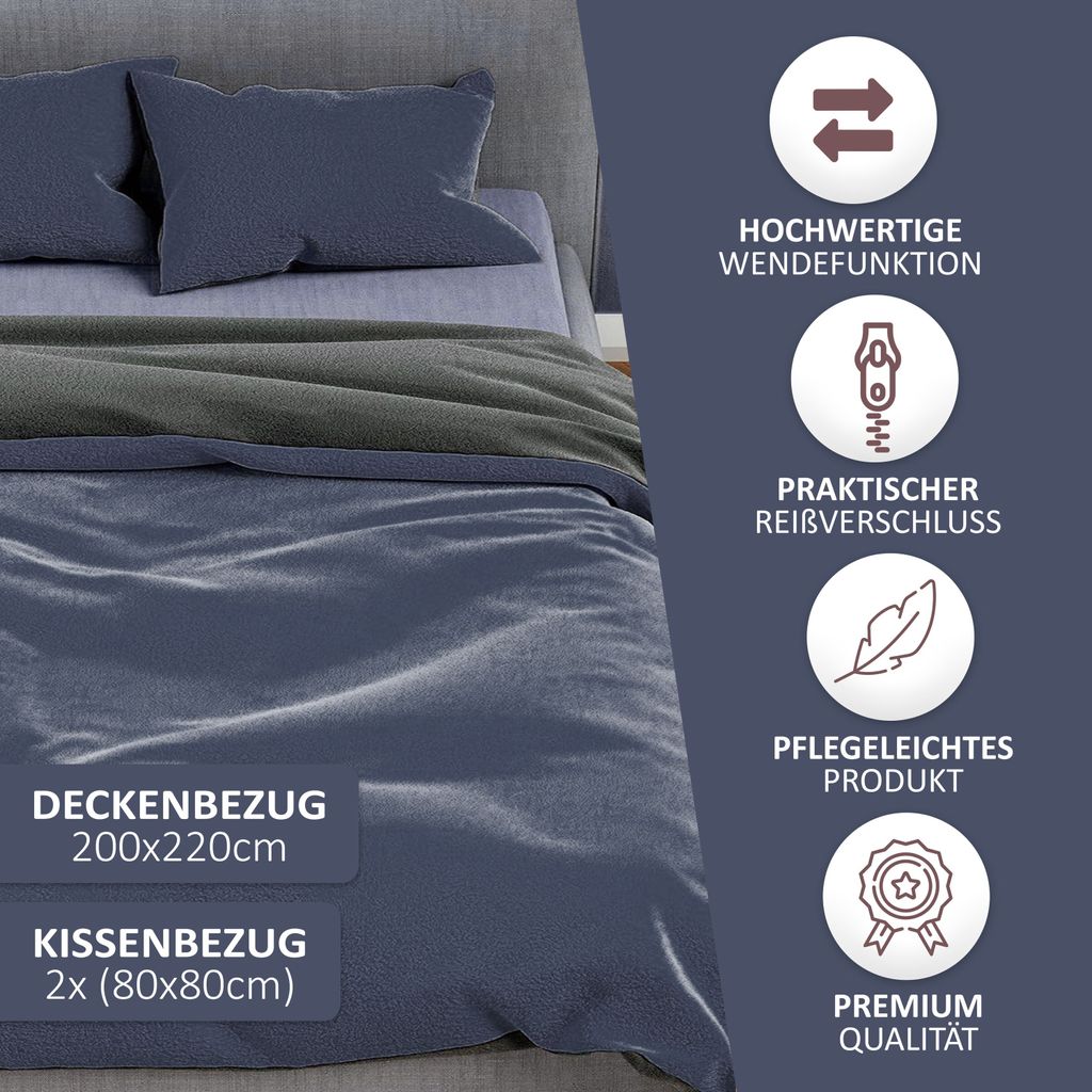 Sheepwell Set Biancheria Da Letto In Peluche Blu Navy 155x220 - Morbido Pile E Flanella 2 In 1 Con Federa 80x80 - Caldo E Senza Stiratura - 3