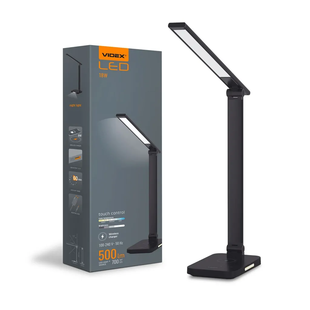 Lampe LED VIDEX Tactile Noire avec Recharge Qi et Bras Orientable