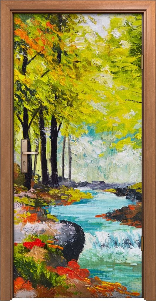 Türposter 90x200 cm Türaufkleber Türtapete Türfolie Klebefolie Malerei Landschaft Fluss im Herbstwald