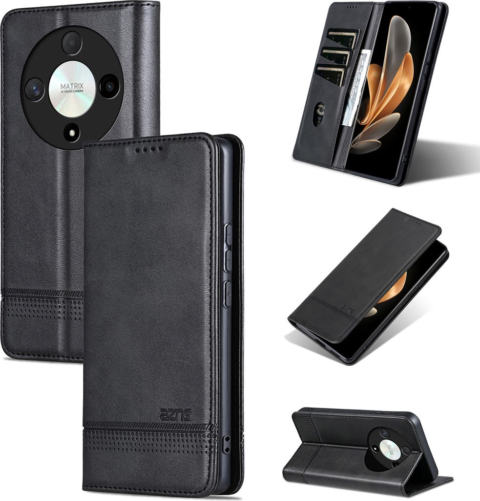 Leder Hülle für Honor X9B / Magic6 Lite, Klapphüllen Brieftasche Magnetverschluss Ständer Schutzhülle Schwarz