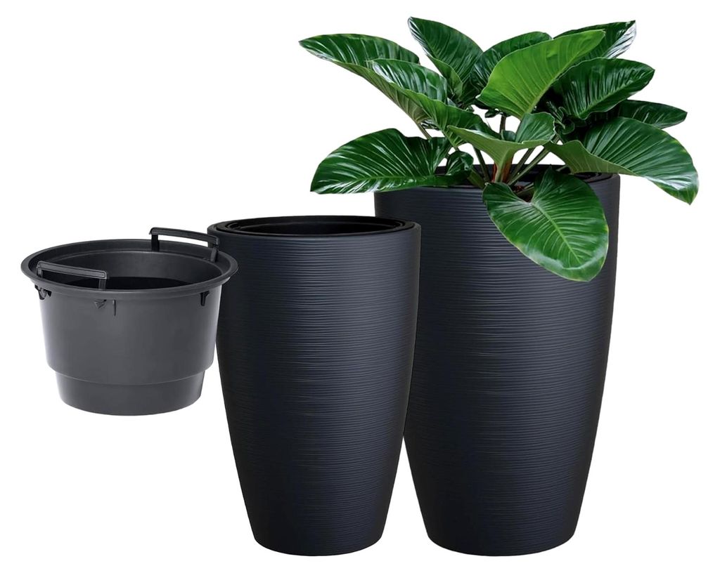 Blumenkübel mit herausnehmbarem Einsatz, rund mit horizontalen Streifen (Anthrazit, XXL-58cm)