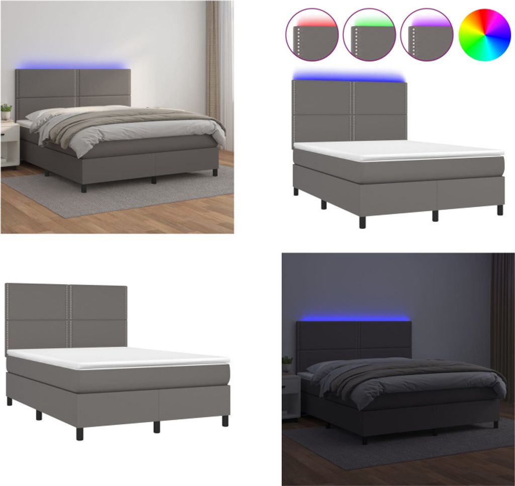 vidaXL Boxspringbett mit Matratze & LED Grau 140x200 cm Kunstleder - Boxspringbett - Boxspringbetten - Bett - Schlafzimmermöbel