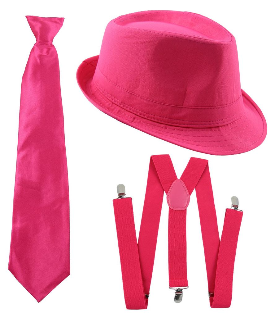 Gangster Kostüm Set I Hut - Hosenträger - Krawatte I Pink Produktbild 