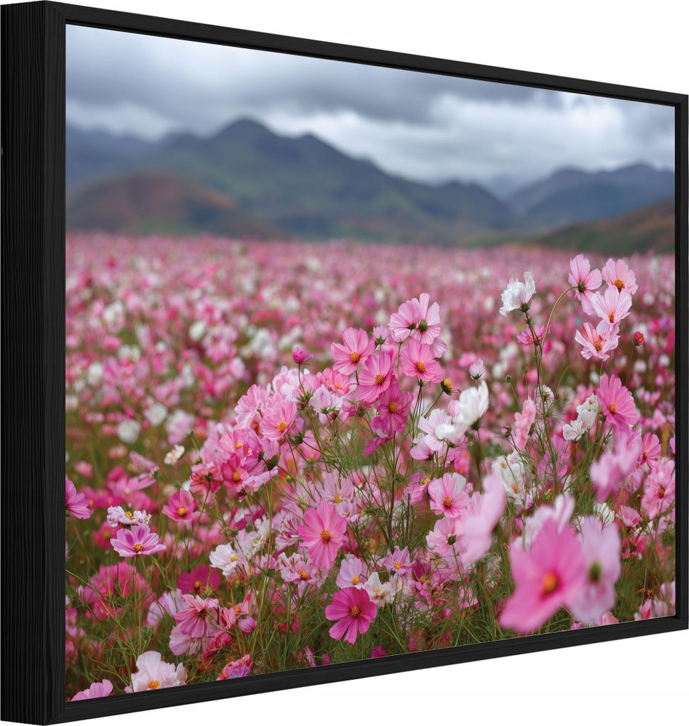 Bilder mit Rahmen Blumen Felder Landschaft - 120x80 cm - Wandbilder Wohnzimmer Schlafzimmer - Leinwand Bilder mit Rahmen Rosa - PPR16338O20