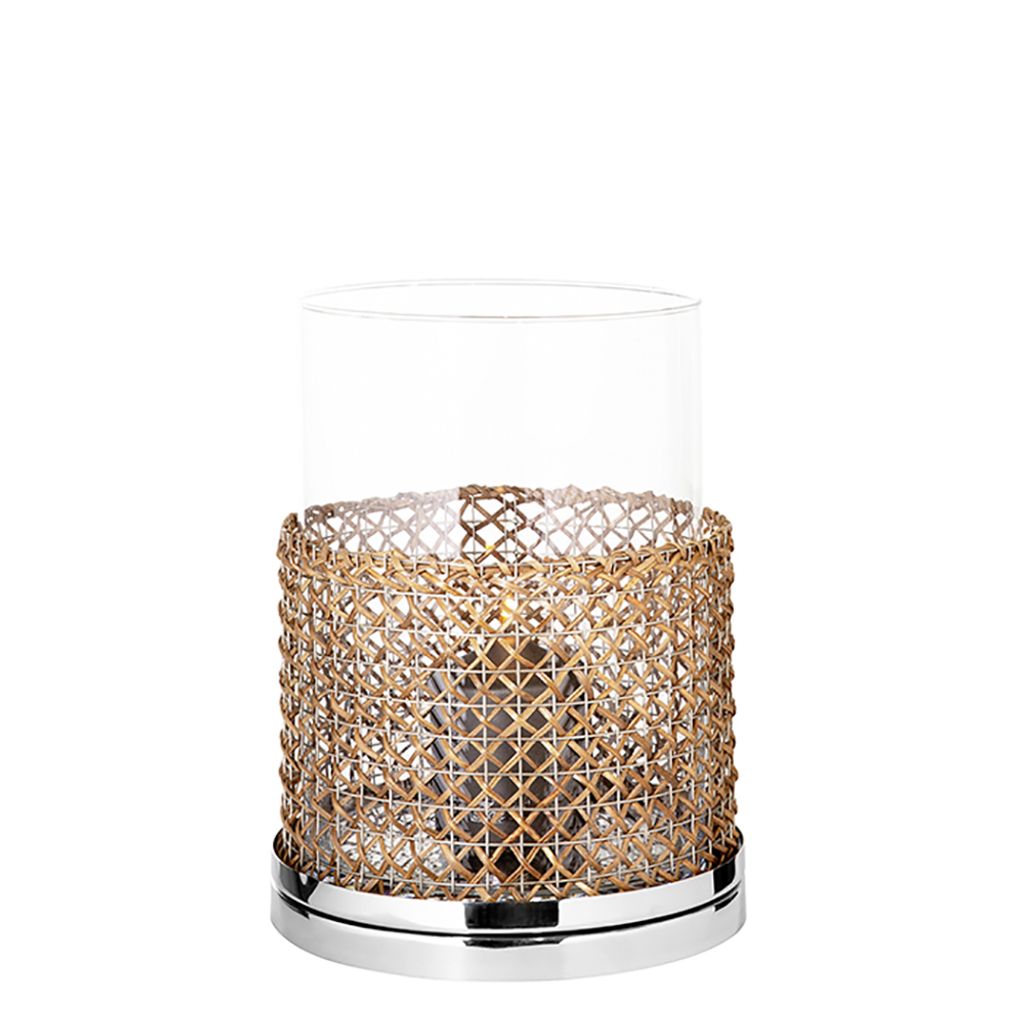 Fink ADRIA, Windlicht mit Glas, Edelstahl , Glas, Schilfrohr, silberfarben, natur, L. 23 cm, B. 23 cm, H. 28 cm, D. 23 cm 146251