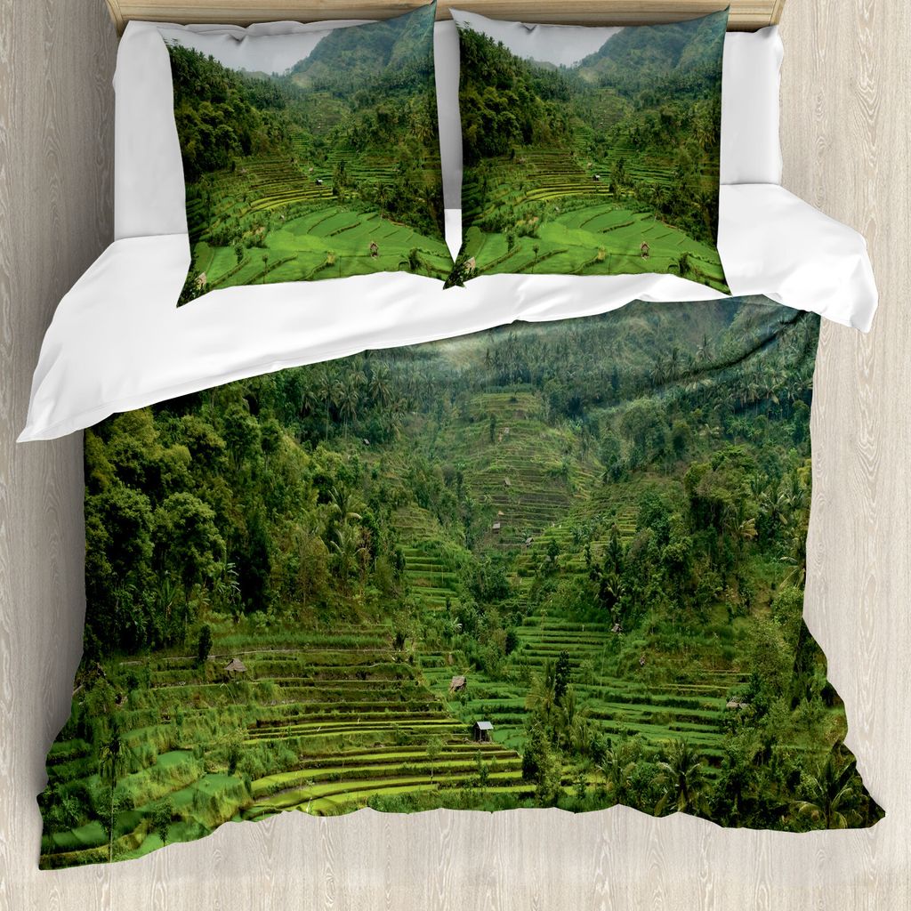 ABAKUHAUS Balinese Bettbezug, Reisfelder, Milbensicher Allergiker geeignet mit Kissenbezügen, 200 cm x 200 cm - 80 x 80 cm, Grün