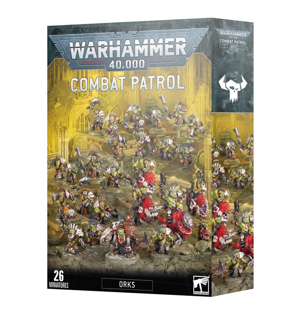A box of Warhammer 40,000 Orks Combat Patrol miniatures.
