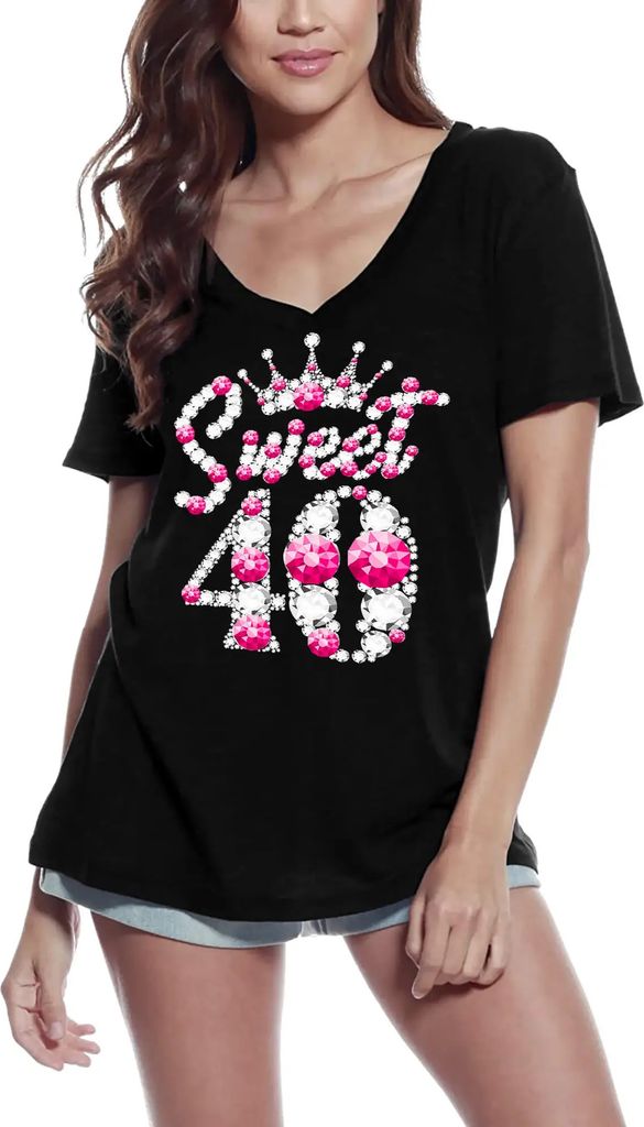Damen Grafik T-Shirt V-Ausschnitt Sweet 40 - Queen Crown 40th Geschenk 40. Geburtstag Jahrestag 40 Jahre Jubiläum 40 Jährige Frau Jahrgang 1984