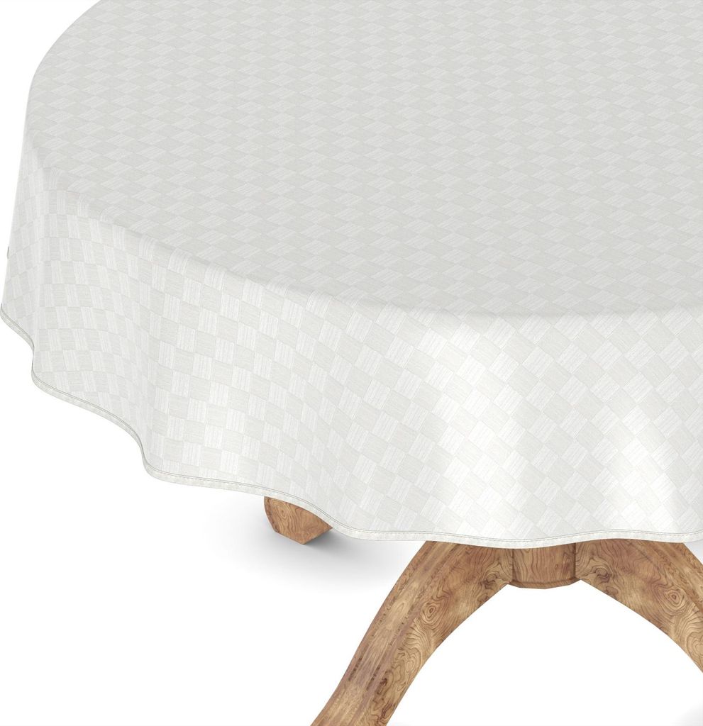 Tischdecke Wachstuchtischdecke Gartentischdecke Wachstischdecke Retro Weiß Wasserabweisend Rund 100 cm mit Paspelband
