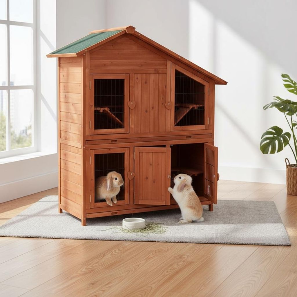 Two rabbits are interacting with a wooden multi-level hutch.