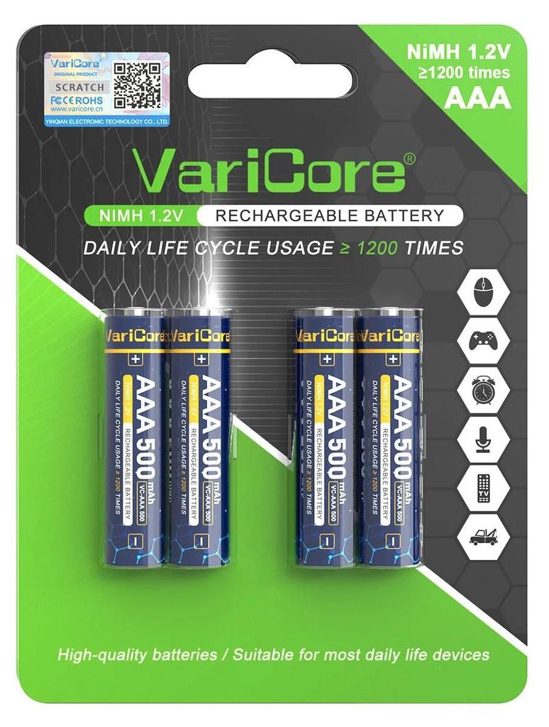 AAA NiMH Akkus 1,2V - Modell VC-AAA - Wiederaufladbar 500mAh - 64er Pack (16x4) - Für Taschenlampen Spielzeug Fernbedienungen