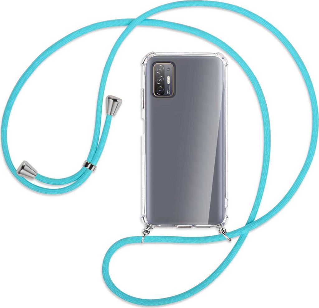 Handykette Backcover-Schutzhülle mit Band (Metall silberfarben) für HTC Desire 21 Pro - türkis