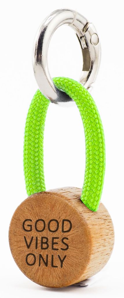 GIPFELWELLE Handgemachter Holz Schlüsselanhänger mit Gravur Kette Ring 4 mm Paracord Segeltau, Damen Herren, Good Vibes Only, Neongrün
