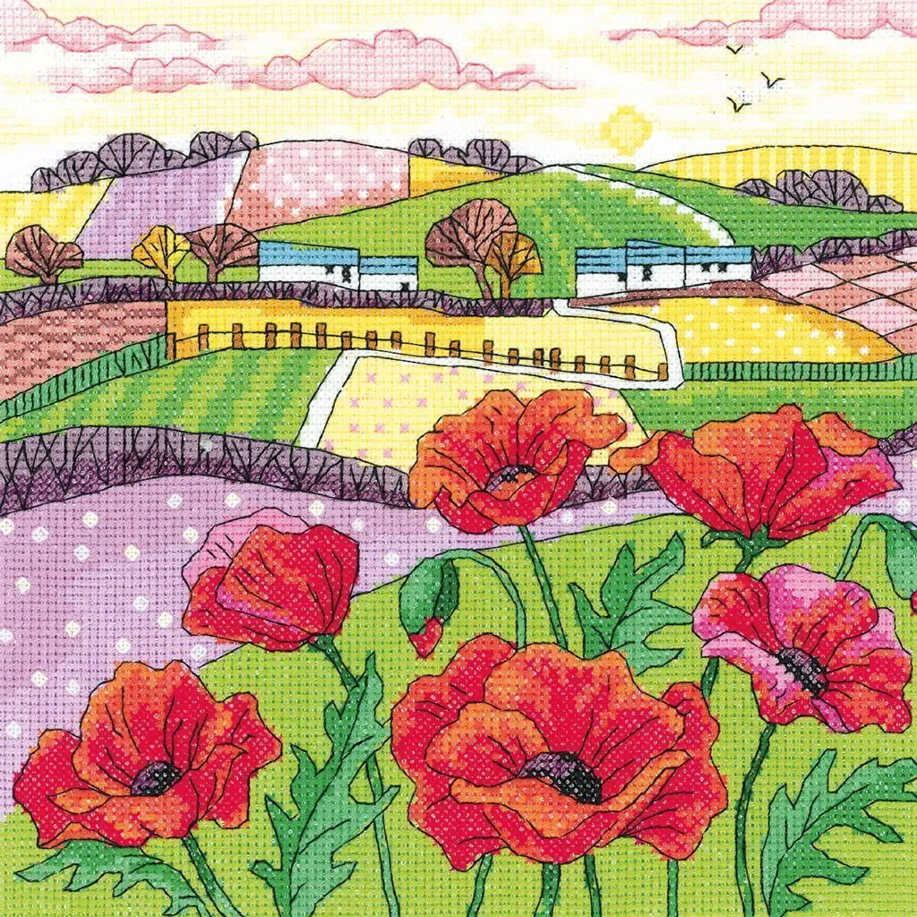 Kit broderie point de croix compté Paysage de coquelicots Heritage 20cm