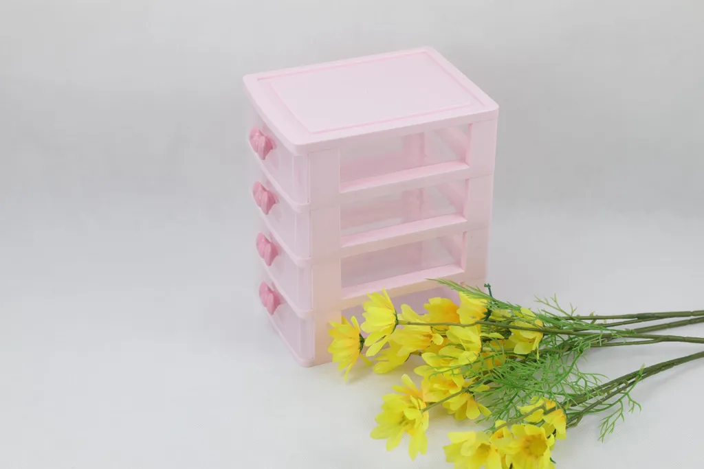 Organiseur de bureau rose à tiroirs, boîte à bijoux compacte 4 niveaux