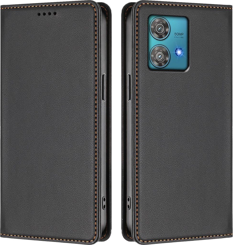 Handyhülle für Motorola Edge 40 Neo, Kunstleder Klapphülle Stoßfeste Magnetische Hülle mit Ständer Schwarz