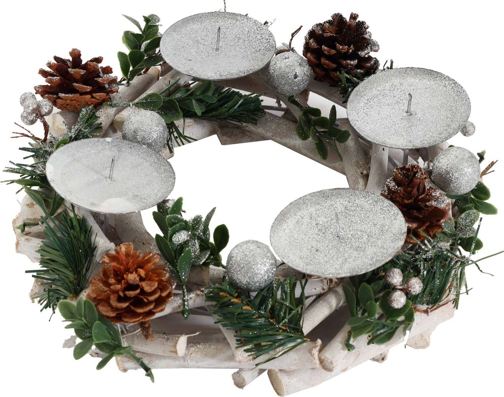 Adventskranz HWC-M12, Adventsgesteck Tischkranz Weihnachtsdeko Tischdeko Holz silber weiß Ø 30cm ohne Kerzen