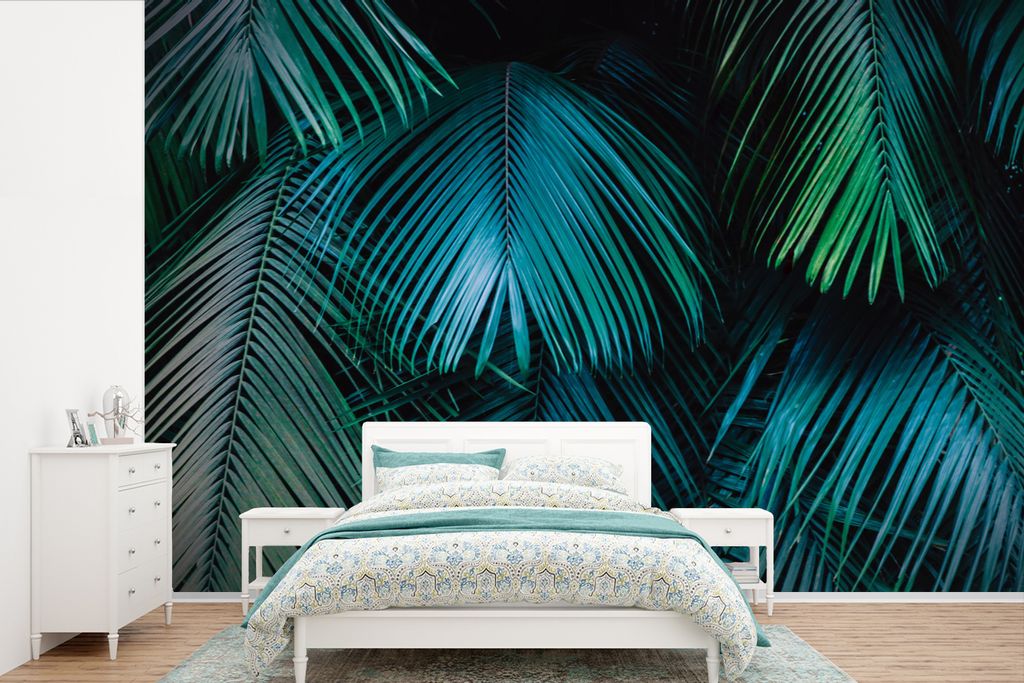 MuchoWow Fototapete für Wohnzimmer oder Schlafzimmer Wandtapete Vinyl Motivtapete Dschungel - Blätter - Grün - Blau - 330x220 cm - Fototapeten