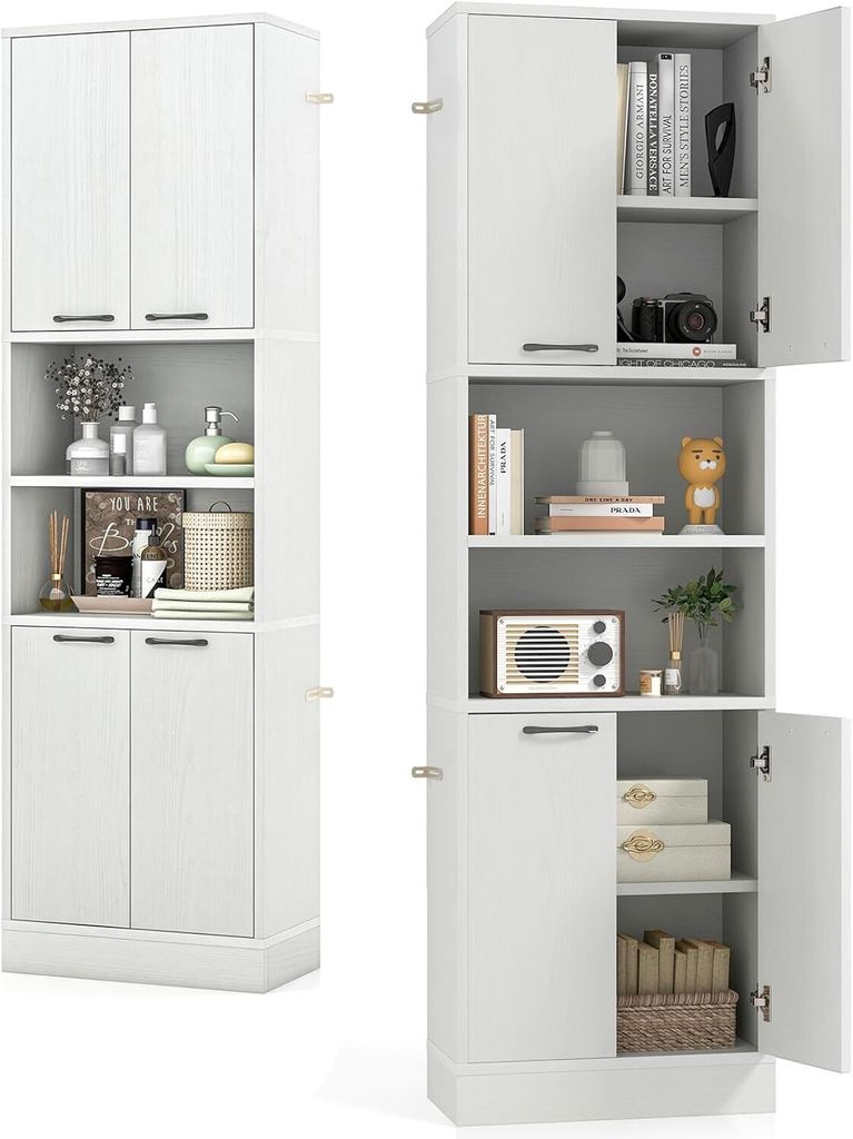 A collage of two tall white storage cabinets, one showing the exterior and the other with doors open to reveal shelves with various items.